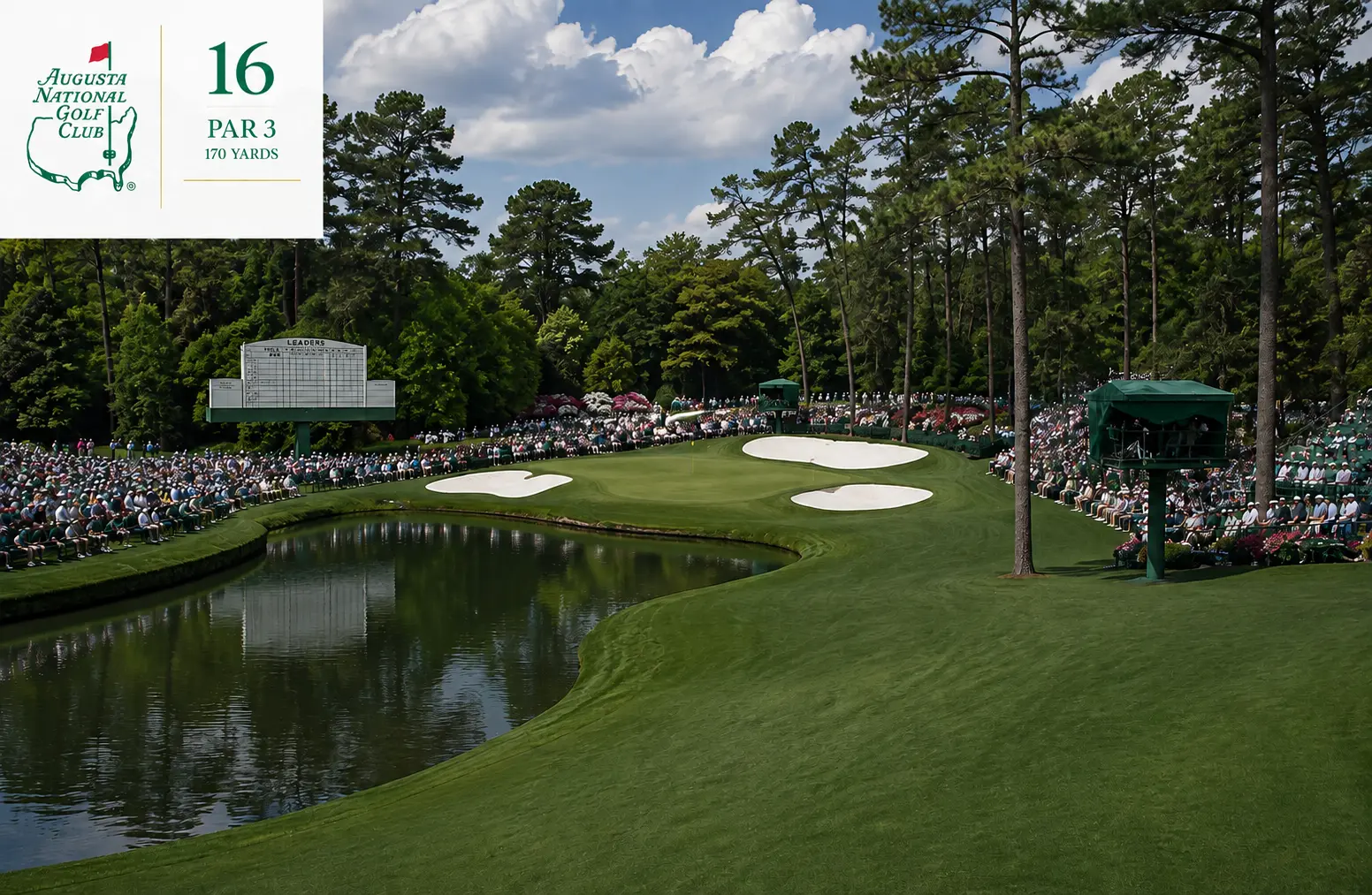 Par 3 golf hole across water, gallery under tall pines